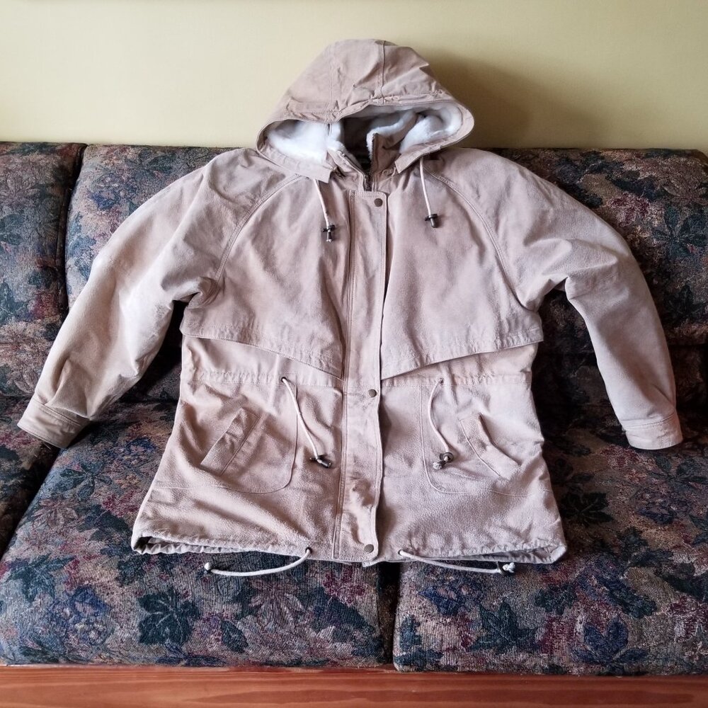 Vintage 80s, suede leather coat, fur fabric lined hood, XL by Weather Spirits